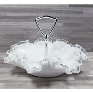 Vintage Fenton Silver Crest Milk Glass Bon Bon Candy Dish with Metal Handle
